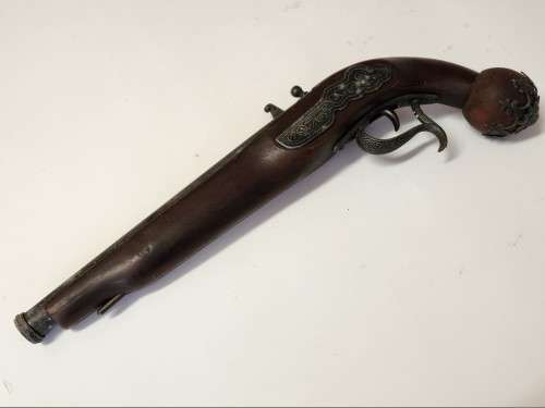 VINTAGE REPLICA FLINTLOCK PISTOL, HIGHLY DECORATED.