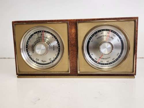 VINTAGE TAYLOR INSTRUMENTS USA WOOD AND BRASS BAROMETER AND HYGROMETER