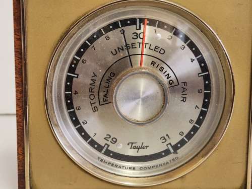VINTAGE TAYLOR INSTRUMENTS USA WOOD AND BRASS BAROMETER AND HYGROMETER