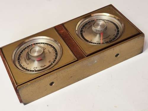 VINTAGE TAYLOR INSTRUMENTS USA WOOD AND BRASS BAROMETER AND HYGROMETER