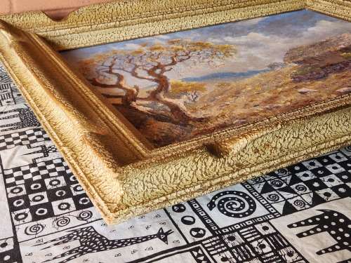 ORIGINAL OIL ON BOARD PAINTING BY THE RENOWNED  SA  ARTIST, E B KING WITH AN AMAZING VINTAGE FRAME