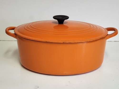 LARGE LE CREUSET FRANCE ENAMELED CAST IRON LIDDED OVEN DISH, MARKED G