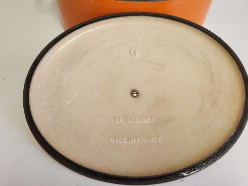 LARGE LE CREUSET FRANCE ENAMELED CAST IRON LIDDED OVEN DISH, MARKED G