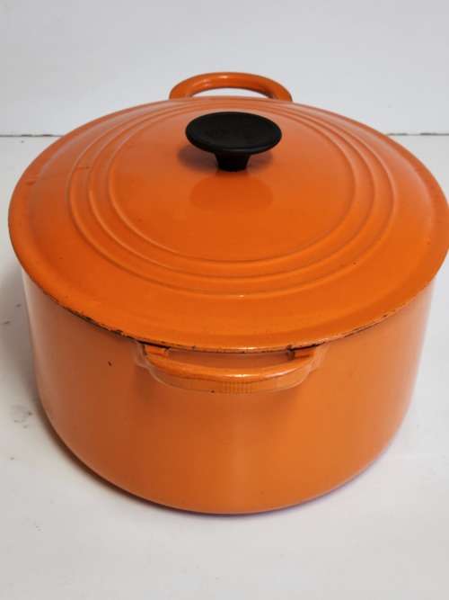 LARGE LE CREUSET FRANCE ENAMELED CAST IRON LIDDED OVEN DISH, MARKED G