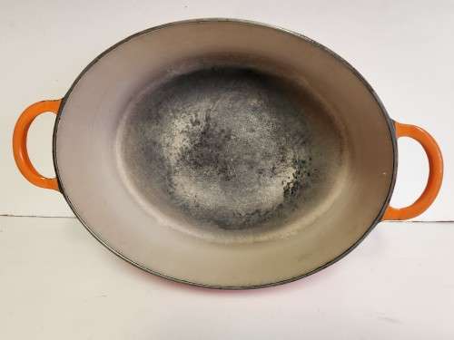 LARGE LE CREUSET FRANCE ENAMELED CAST IRON LIDDED OVEN DISH, MARKED G