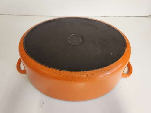 LARGE LE CREUSET FRANCE ENAMELED CAST IRON LIDDED OVEN DISH, MARKED G