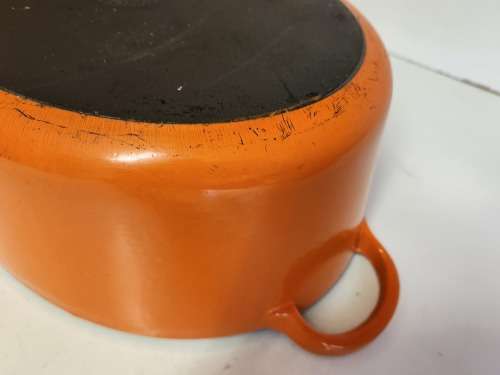LARGE LE CREUSET FRANCE ENAMELED CAST IRON LIDDED OVEN DISH, MARKED G