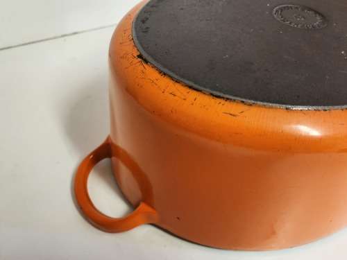 LARGE LE CREUSET FRANCE ENAMELED CAST IRON LIDDED OVEN DISH, MARKED G