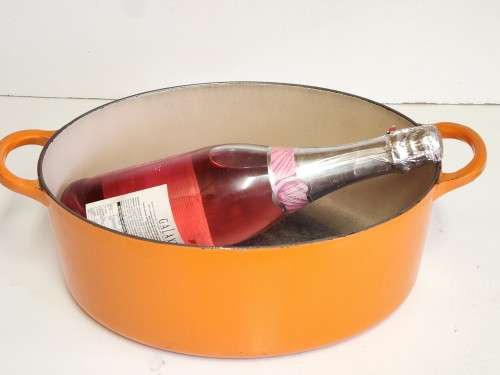 LARGE LE CREUSET FRANCE ENAMELED CAST IRON LIDDED OVEN DISH, MARKED G