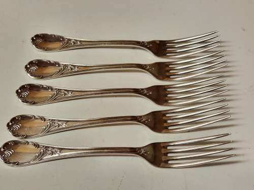 SET OF FIVE VINTAGE CHRISTOFLE SILVER PLATED ORNATELY DESIGNED DINNER FORKS