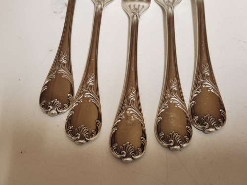 SET OF FIVE VINTAGE CHRISTOFLE SILVER PLATED ORNATELY DESIGNED DINNER FORKS