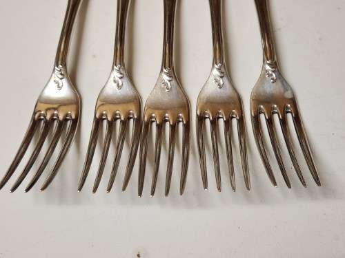 SET OF FIVE VINTAGE CHRISTOFLE SILVER PLATED ORNATELY DESIGNED DINNER FORKS