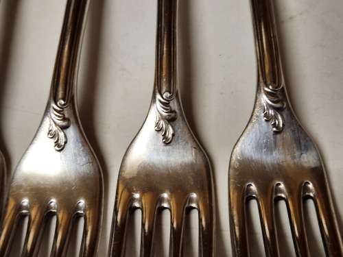 SET OF FIVE VINTAGE CHRISTOFLE SILVER PLATED ORNATELY DESIGNED DINNER FORKS