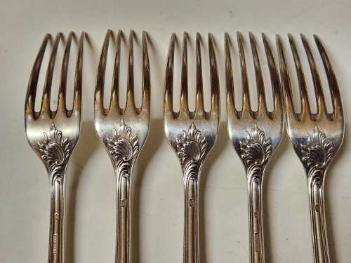 SET OF FIVE VINTAGE CHRISTOFLE SILVER PLATED ORNATELY DESIGNED DINNER FORKS