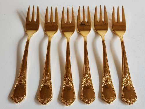 SET OF SIX VINTAGE BMF BESTECK VERGOLDET (GOLD PLATED) ORNATELY DESIGNED CAKE FORKS, MADE IN GERMANY
