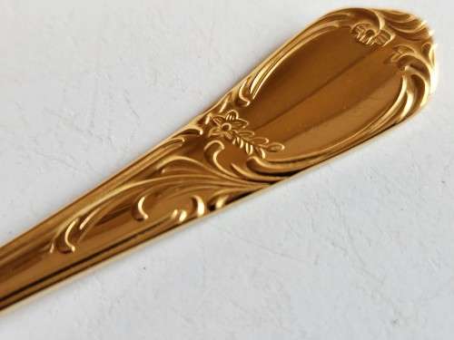 SET OF SIX VINTAGE BMF BESTECK VERGOLDET (GOLD PLATED) ORNATELY DESIGNED CAKE FORKS, MADE IN GERMANY