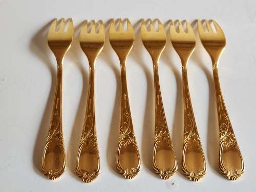 SET OF SIX VINTAGE BMF BESTECK VERGOLDET (GOLD PLATED) ORNATELY DESIGNED CAKE FORKS, MADE IN GERMANY