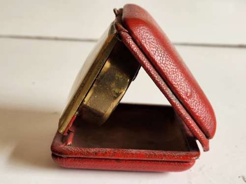 VINTAGE GERMAN BRASS EUROPA 7 JEWELS RED CASED TRAVEL ALARM CLOCK, WORKING