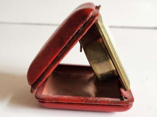 VINTAGE GERMAN BRASS EUROPA 7 JEWELS RED CASED TRAVEL ALARM CLOCK, WORKING