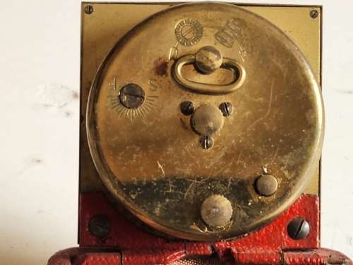 VINTAGE GERMAN BRASS EUROPA 7 JEWELS RED CASED TRAVEL ALARM CLOCK, WORKING