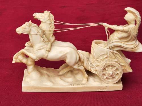 VINTAGE SIGNED SANTINI GLADIATOR AND HORSE-DRAWN CHARIOT COMPOSITE MATERIAL SCULPTURE