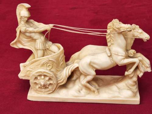 VINTAGE SIGNED SANTINI GLADIATOR AND HORSE-DRAWN CHARIOT COMPOSITE MATERIAL SCULPTURE
