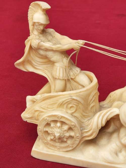 VINTAGE SIGNED SANTINI GLADIATOR AND HORSE-DRAWN CHARIOT COMPOSITE MATERIAL SCULPTURE