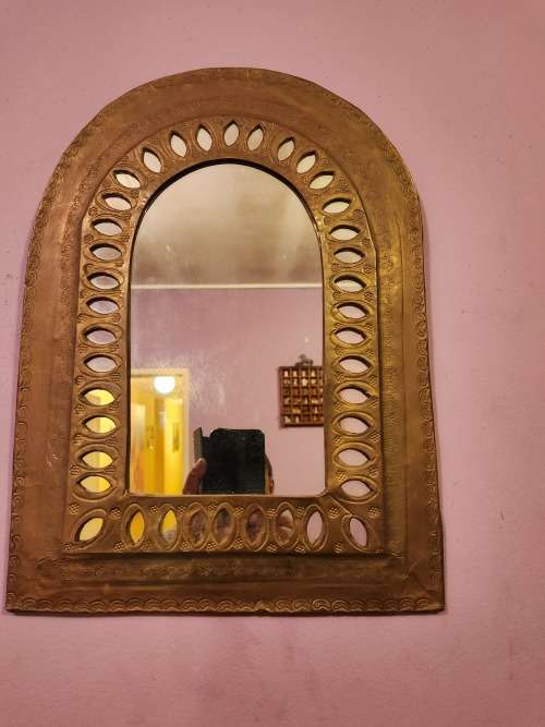 VINTAGE MOROCCAN ETCHED BRASS ENCASED WALL HANGING MIRROR