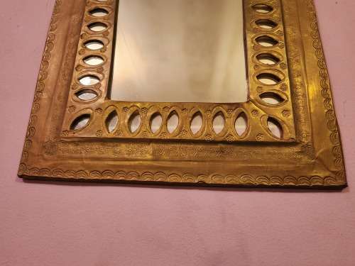 VINTAGE MOROCCAN ETCHED BRASS ENCASED WALL HANGING MIRROR