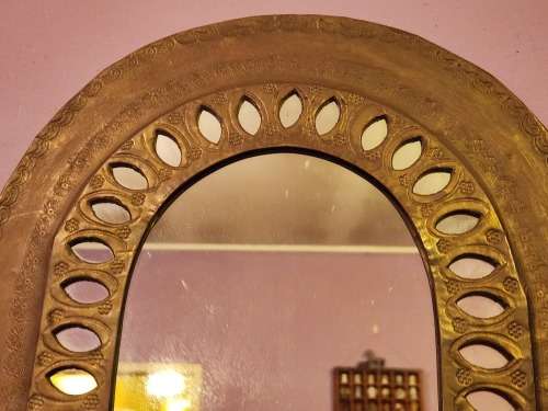 VINTAGE MOROCCAN ETCHED BRASS ENCASED WALL HANGING MIRROR
