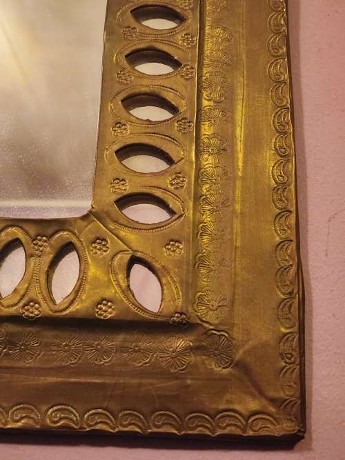 VINTAGE MOROCCAN ETCHED BRASS ENCASED WALL HANGING MIRROR