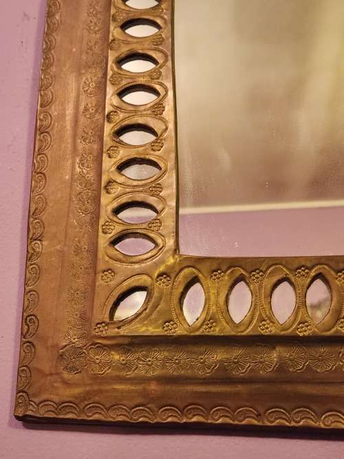 VINTAGE MOROCCAN ETCHED BRASS ENCASED WALL HANGING MIRROR