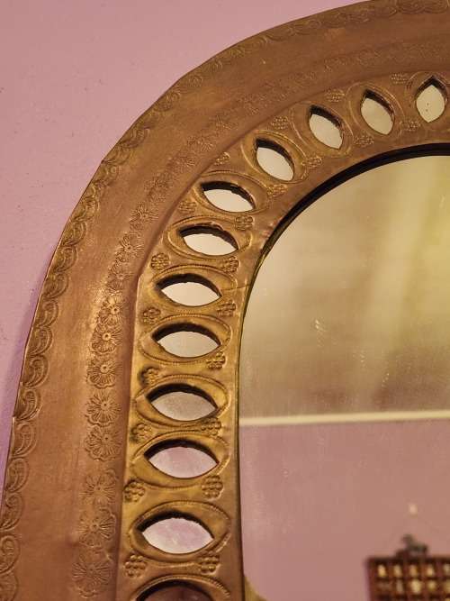 VINTAGE MOROCCAN ETCHED BRASS ENCASED WALL HANGING MIRROR