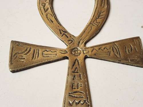 VINTAGE BRASS EGYPTIAN PHARAOHS ANKH KEY OF LIFE CROSS WITH HIEROGLYPHICS