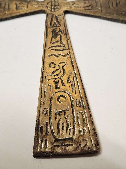 VINTAGE BRASS EGYPTIAN PHARAOHS ANKH KEY OF LIFE CROSS WITH HIEROGLYPHICS