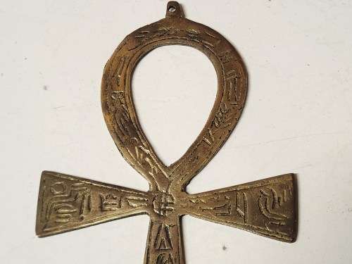 VINTAGE BRASS EGYPTIAN PHARAOHS ANKH KEY OF LIFE CROSS WITH HIEROGLYPHICS