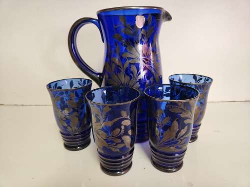EXQUISITE VINTAGE E B ARGENTE ITALY SILVER OVERLAY COBALT BLUE DECANTER AND 4 GLASSES
