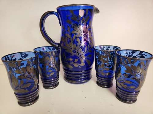 EXQUISITE VINTAGE E B ARGENTE ITALY SILVER OVERLAY COBALT BLUE DECANTER AND 4 GLASSES