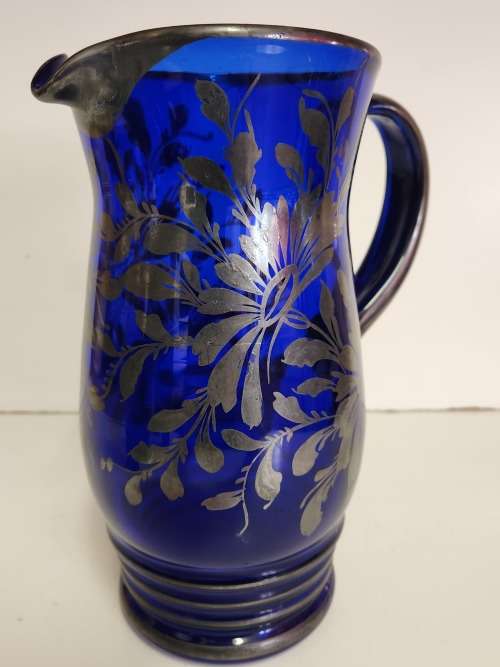 EXQUISITE VINTAGE E B ARGENTE ITALY SILVER OVERLAY COBALT BLUE DECANTER AND 4 GLASSES