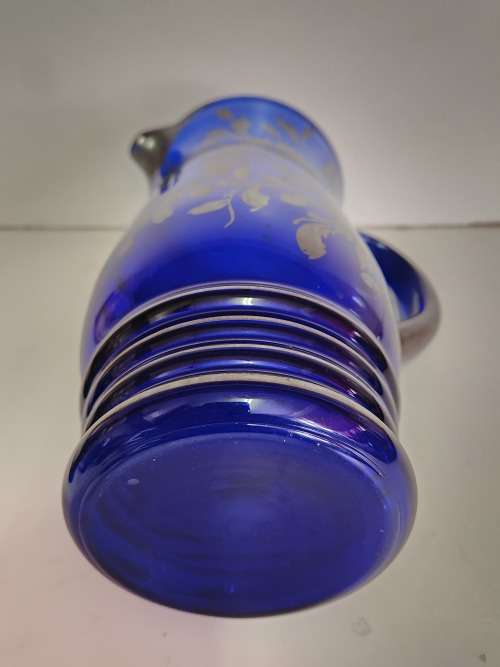 EXQUISITE VINTAGE E B ARGENTE ITALY SILVER OVERLAY COBALT BLUE DECANTER AND 4 GLASSES