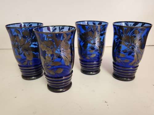 EXQUISITE VINTAGE E B ARGENTE ITALY SILVER OVERLAY COBALT BLUE DECANTER AND 4 GLASSES