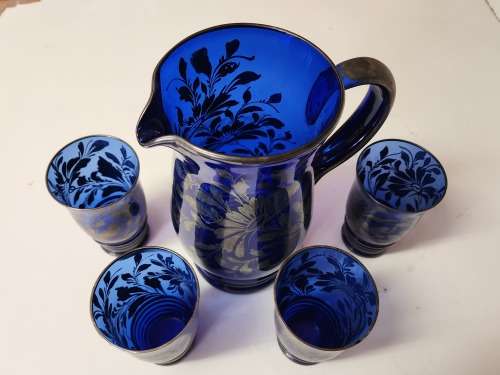 EXQUISITE VINTAGE E B ARGENTE ITALY SILVER OVERLAY COBALT BLUE DECANTER AND 4 GLASSES
