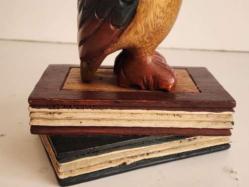 VINTAGE WISE OLD WOODEN OWL PERCHED ON TWO BOOKS