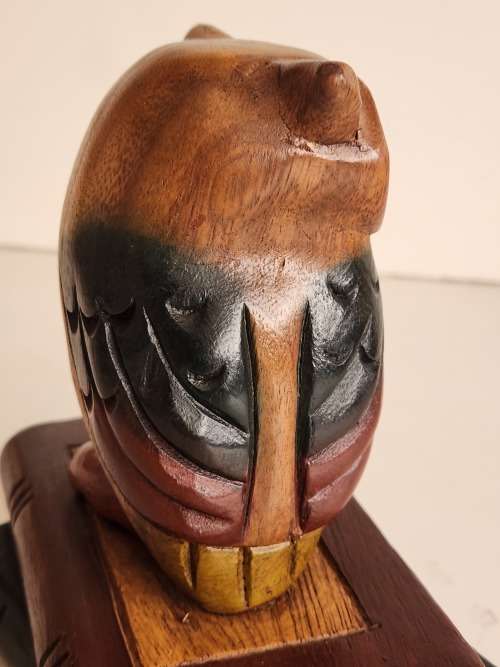 VINTAGE WISE OLD WOODEN OWL PERCHED ON TWO BOOKS