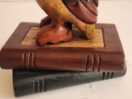 VINTAGE WISE OLD WOODEN OWL PERCHED ON TWO BOOKS