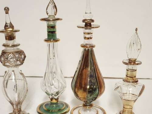 SET OF FOUR VINTAGE EGYPTIAN HAND-BLOWN PERFUME BOTTLES
