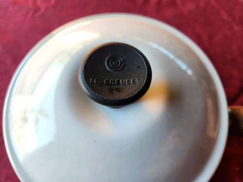VINTAGE LE CREUSET MADE IN FRANCE ENAMELED CAST IRON SMALL LIDDED PAN HANDLED POT MARKED 14