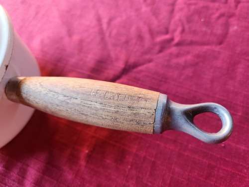 VINTAGE LE CREUSET MADE IN FRANCE ENAMELED CAST IRON SMALL LIDDED PAN HANDLED POT MARKED 14