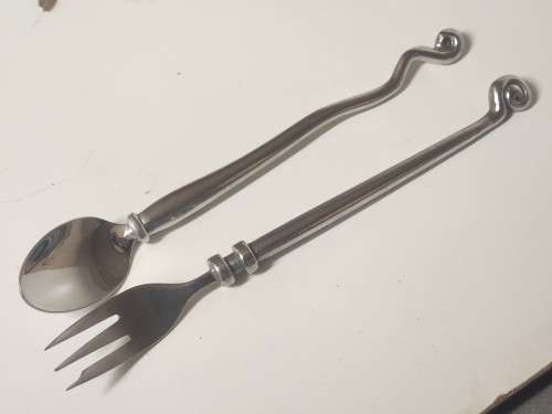 VINTAGE CARROL BOYES FUNCTIONAL ART EARLY DESIGN PEWTER AND STAINLESS STEEL FORK AND SPOON