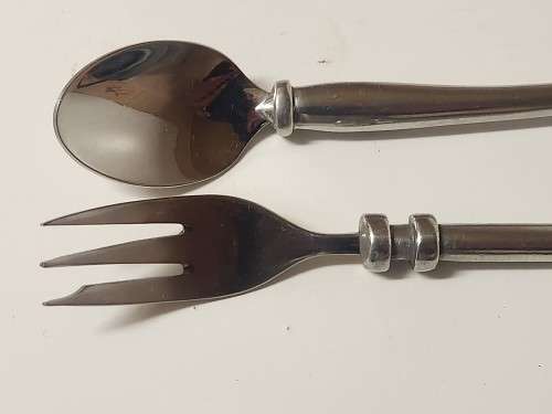 VINTAGE CARROL BOYES FUNCTIONAL ART EARLY DESIGN PEWTER AND STAINLESS STEEL FORK AND SPOON